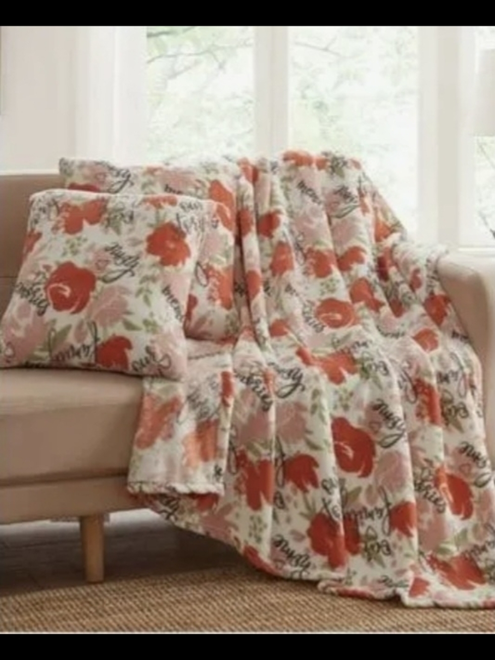 Plush Throw Blanket and Accent  Two Pillows - Coral on Cream